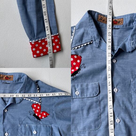 Vtg 70's Holly Hobbie Chambray Button Up Shirt Applique Butterfly Cottagecore - Picture 8 of 8